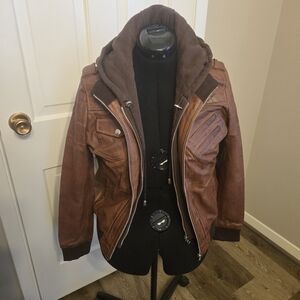 Women’s Brown Genuine Leather Moto Jacket Distressed Hooded Style Size L NEW